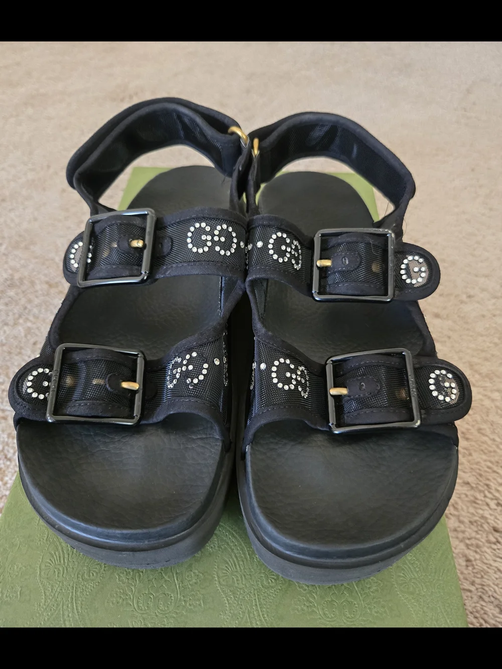 Gucci Womens Black Crystal-Embellished Logo Sandals